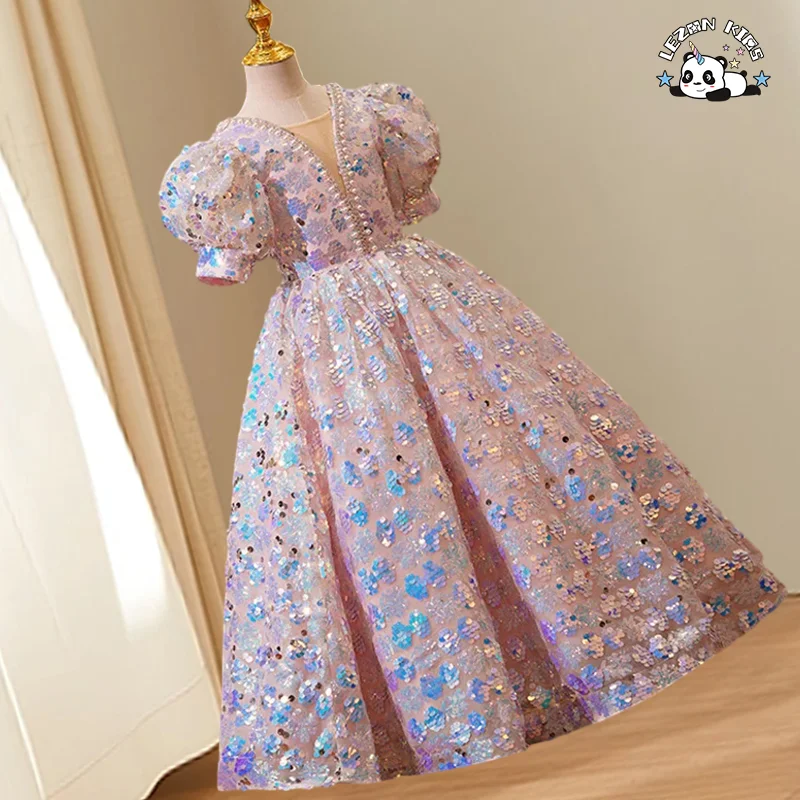 LEZONKIDS - 2024 Fashion Sequined Beading Boutique Flower Girls' Dresses Children Evening Party Dress